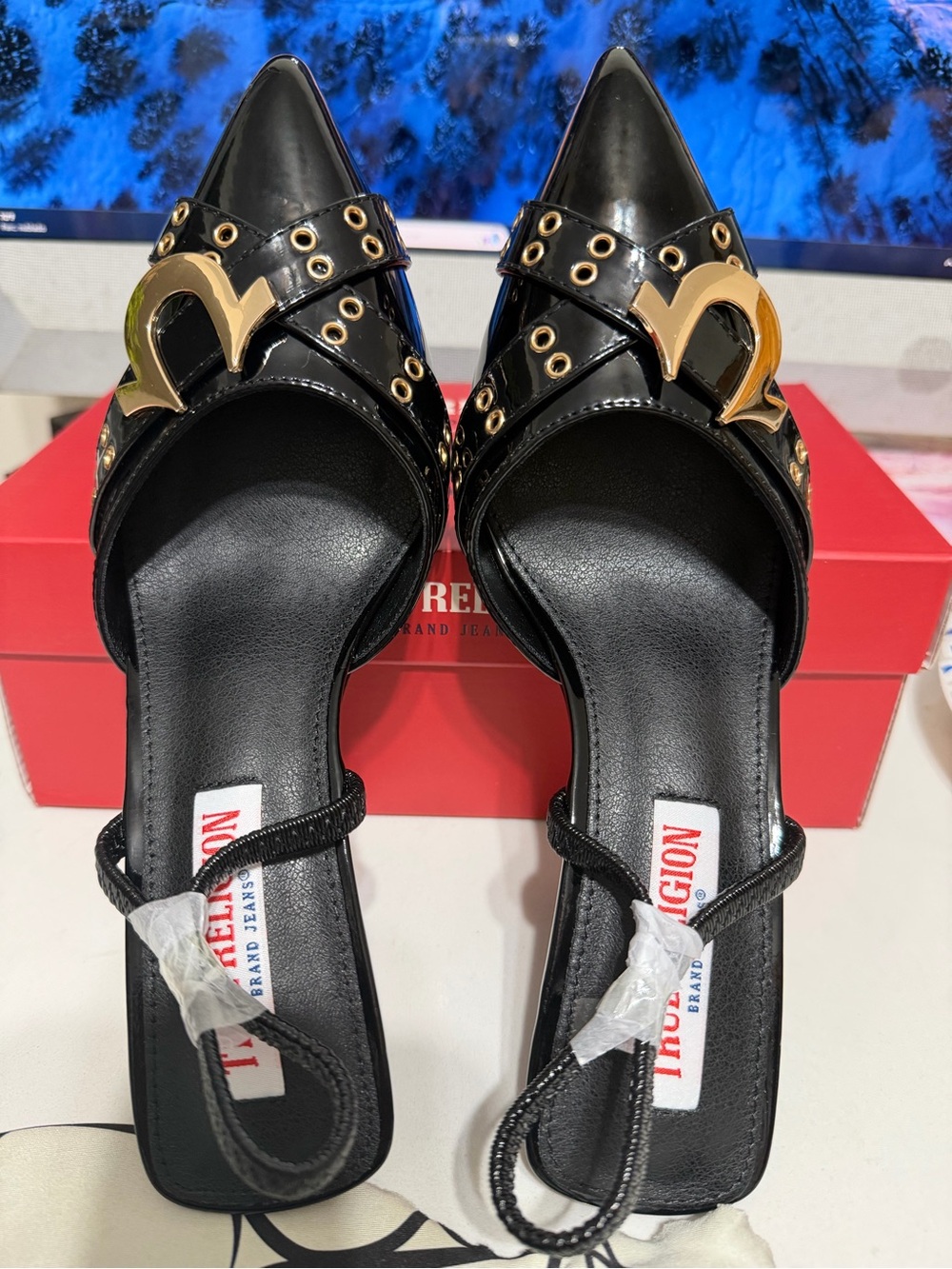 True Religion Black Patent Pointed-Toe Mules with Gold Hardware - Picture 9 of 9